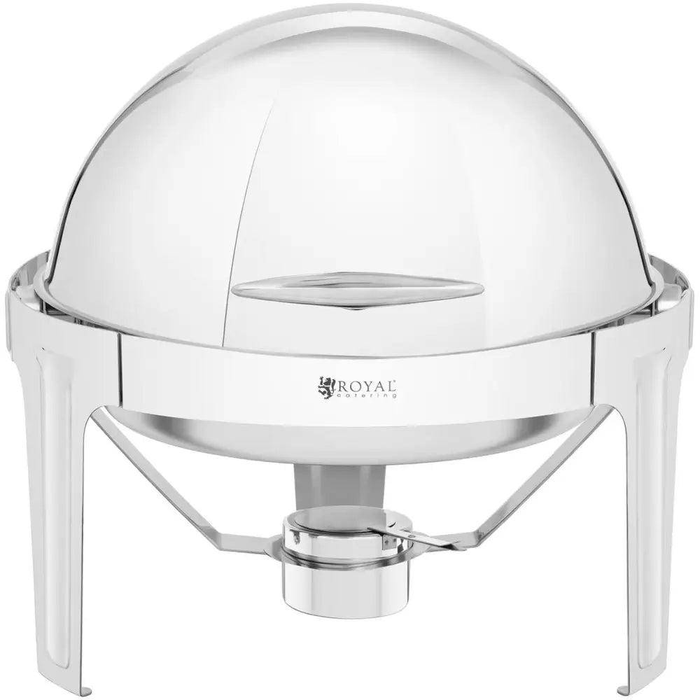 Rund matvarmebeholder med lokk, frontvisning viser gjennomsiktig kuppel og Royal-logo på blankt stål.