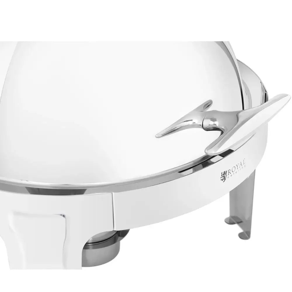 Rund serveringsvogn med rolltop-lokk, sidevisning med fokus på håndtak, bein og synlig logo i front.