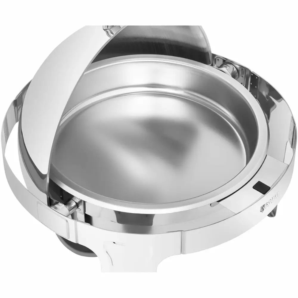 Rund serveringsvogn med rolltop-lokk, sett ovenfra, viser det delvis åpne lokket og speilblankt stål.