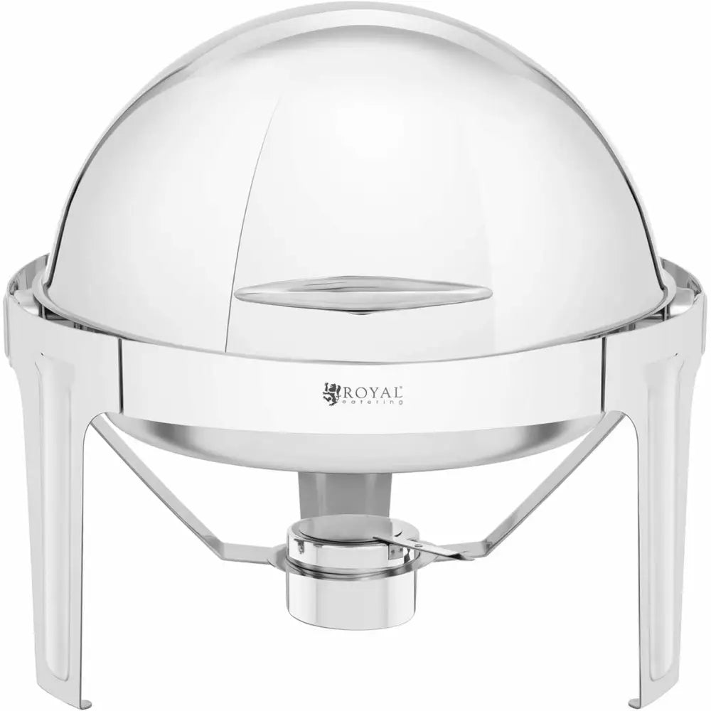 Rund serveringsvogn med rolltop-lokk 5,8 l, frontvisning med synlig brennerbeholder og kuppelformet lokk.