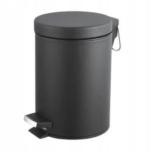 Rund søppelbøtte 12L i matt sort stål, skrå frontvisning med sølv pedal og sidehåndtak.