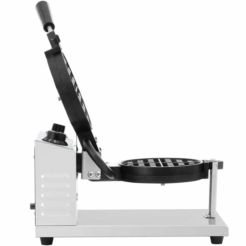 Rundt vaffeljern 17 cm, sidevisning med åpent lokk, synlig justeringsknapp og rutemønstrede vaffelplater.