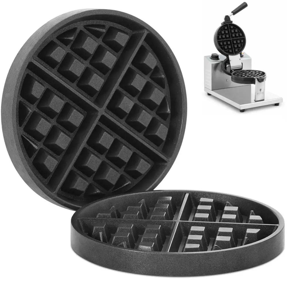 Runde varmeplater i støpejern for sirkelvafler, sett fra siden med dype ruter og fire seksjoner, vaffeljernmaskin bak.