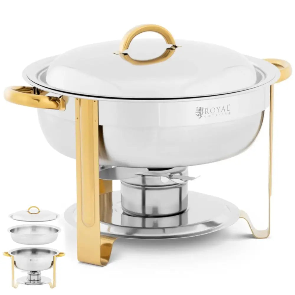 Rund serveringskjele i rustfritt stål med gullfargede håndtak, demontert og stablet i forgrunn.