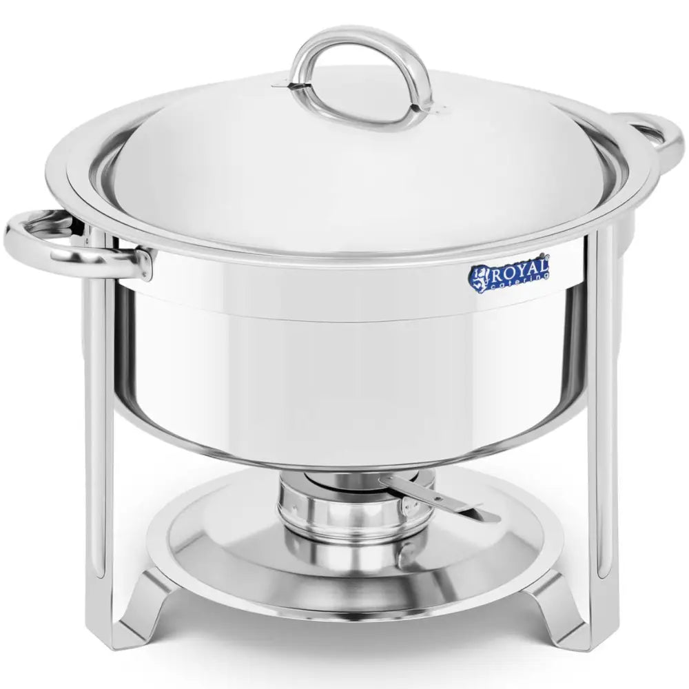 Rundt matvarmer i rustfritt stål, frontvisning med lokk, sidehåndtak, synlig brenner og produsentlogo.