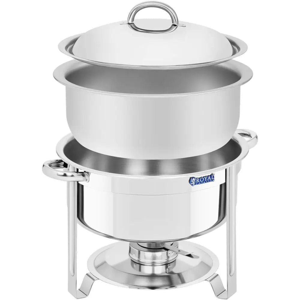 Rundt matvarmer i rustfritt stål, frontvisning med løst lokk, synlig stativ og varmekilde under skålen.