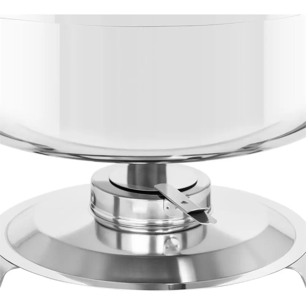 Rundt matvarmer, nærbilde av blank stålunderdel med justerbar spak og reflekterende finish.