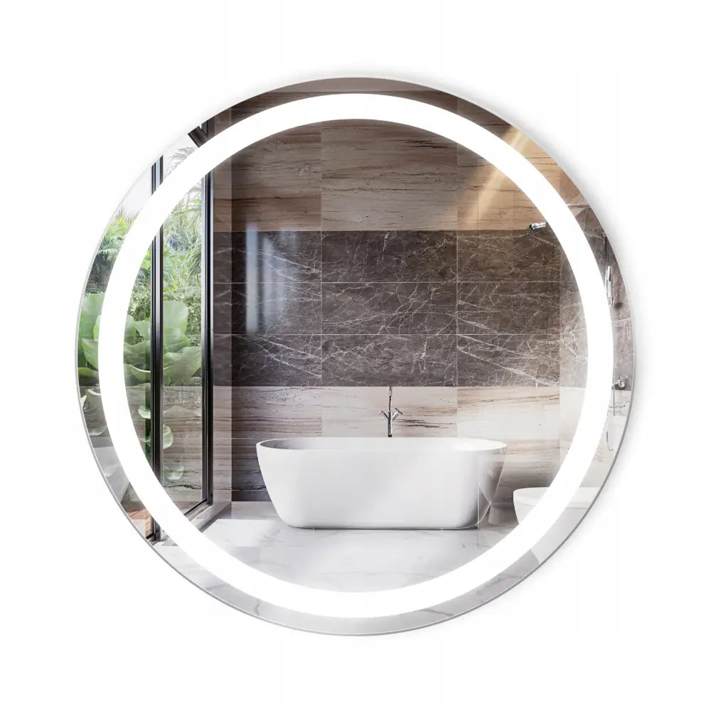 Rundt LED-speil Optimo 60 cm, frontvisning med opplyst kant og speilbilde av moderne bad.