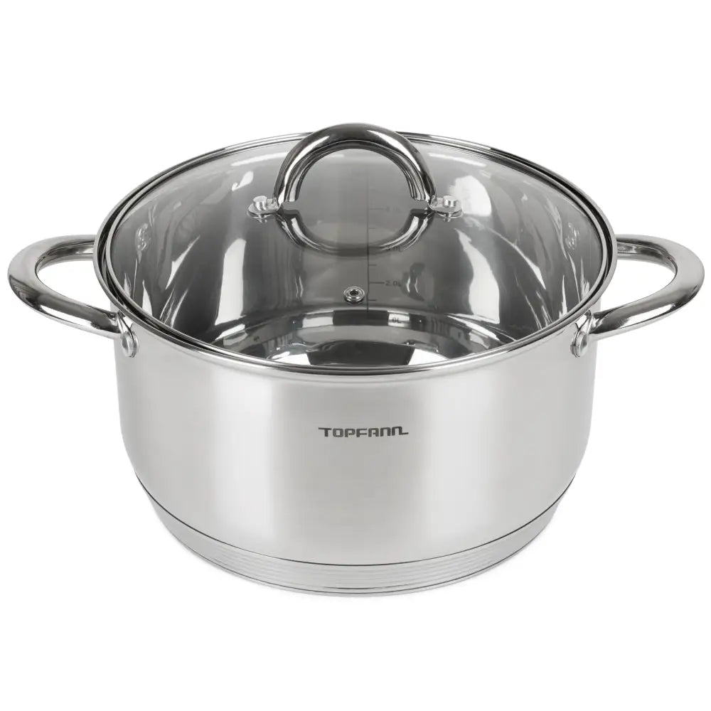 Rustfritt stål kjele 20cm med glasslokk, to håndtak og synlig 3L volummerking, sett skrått forfra.