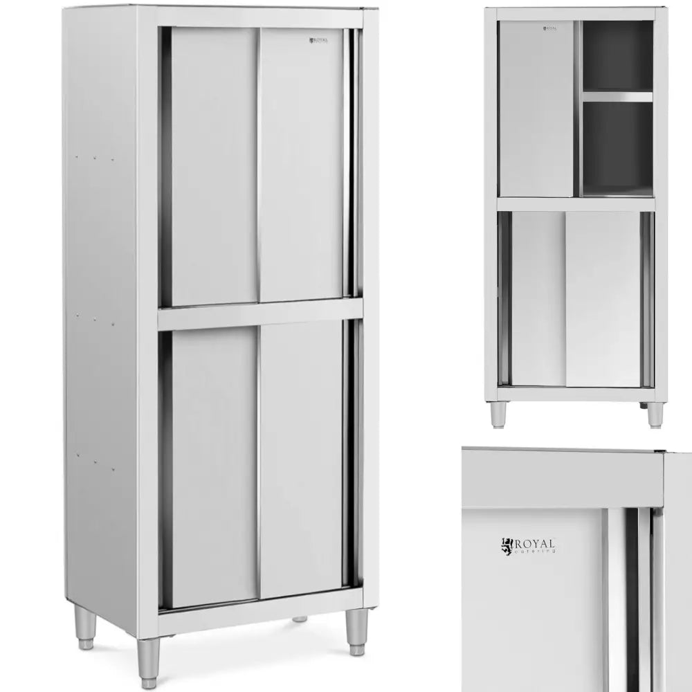 Rustfritt stål skyvedørsskap for lagerkjøkken, sett skrått forfra med justerbare ben og diskret logo på døren.