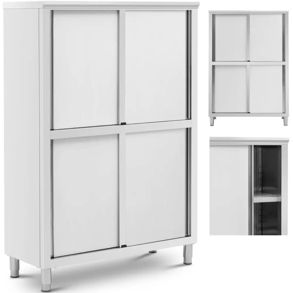 Rustfritt stål skyvedørsskap med fire dører, sølvfargede ben og justerbare hyller synlig fra åpen dør.