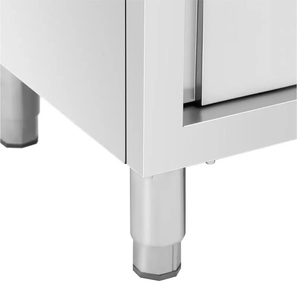 Rustfritt stål skyvedørskap, detaljvisning av robuste, runde ben i børstet metall nederst på skapet.