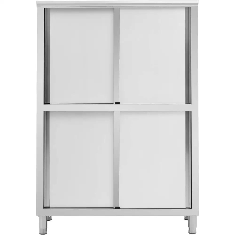 Rustfritt stål skyvedørskap, hvit finish, fire dører og rette ben, frontvisning med moderne uttrykk.