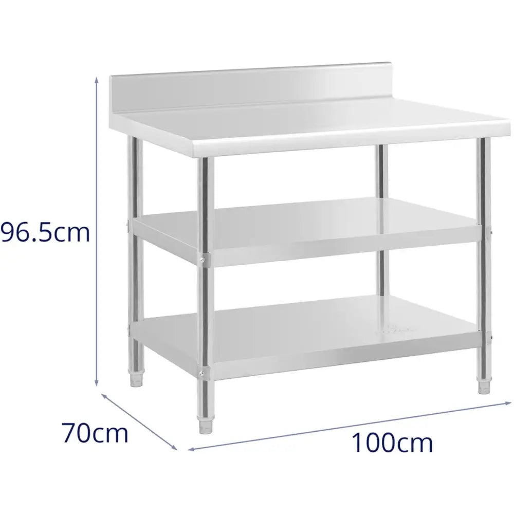Rustfritt stålarbeidsbord med veggfeste, to hyller og oppkant, målt til 100x70x96,5 cm fra skrå vinkel.