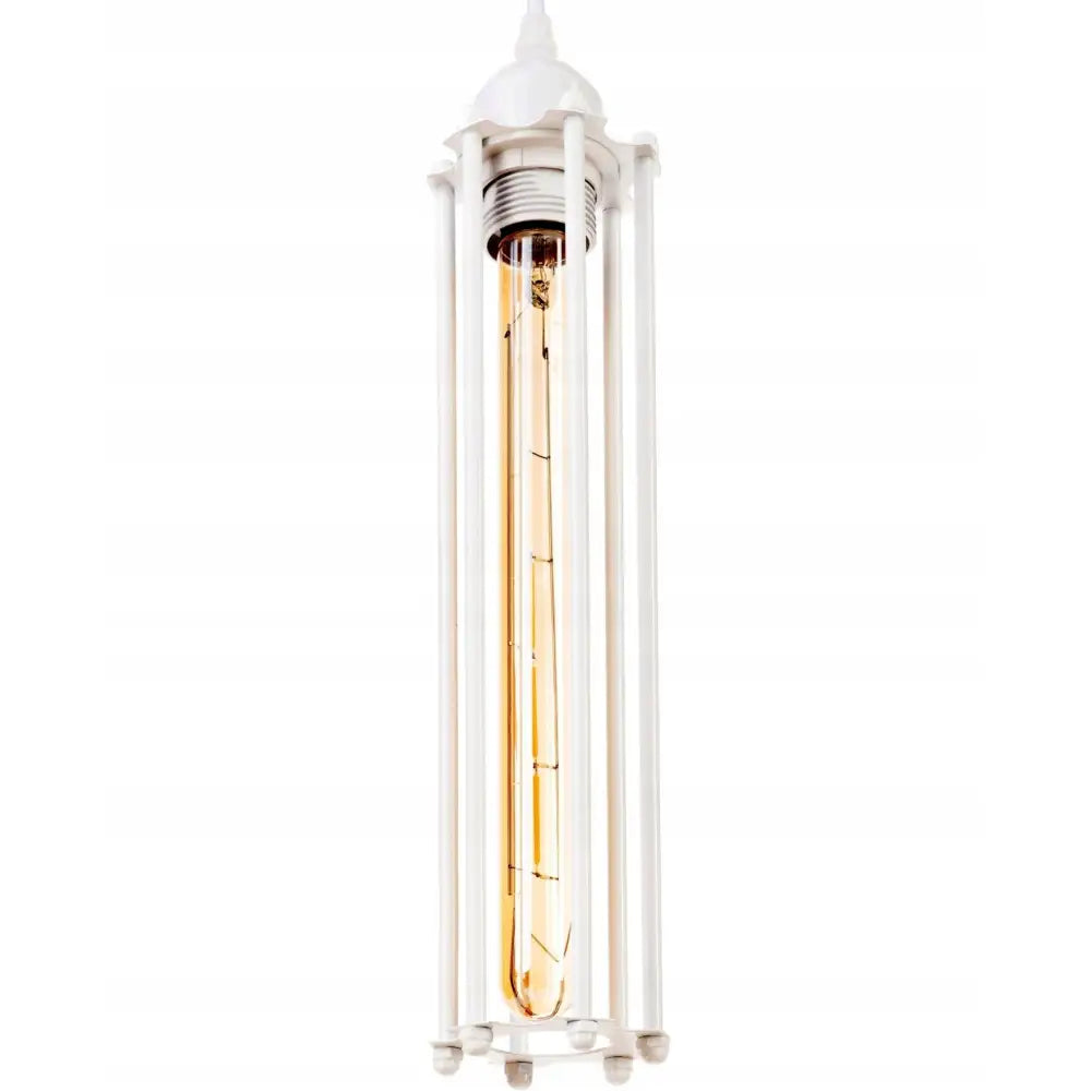 Rustikk T30 hengende lampe med lang gyllen lyspære og hvit metallramme, frontvisning mot hvit bakgrunn.