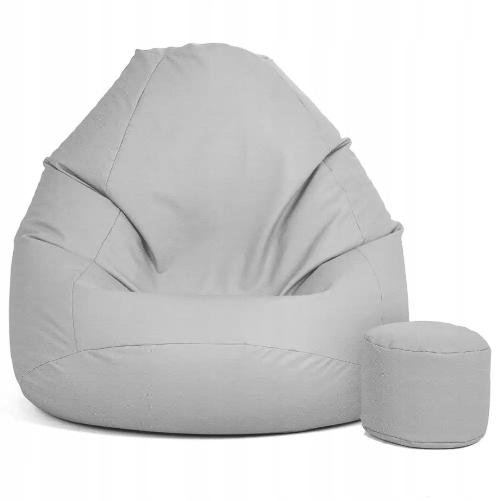 Sakkosekk Bean Bag Grand Oxford Loft i lys grått med matchende puff, frontvisning mot hvit bakgrunn.