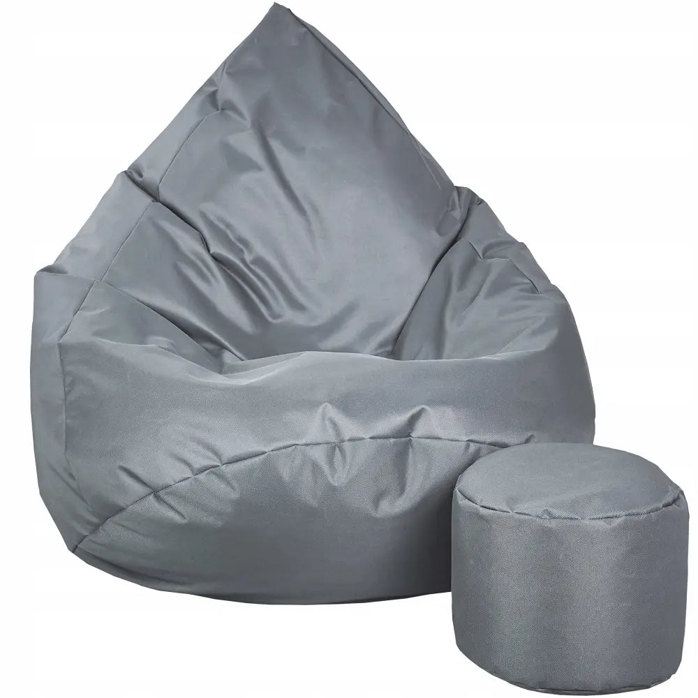 Sakkosekk Puff XXXL i grått tekstil med tilhørende fotskammel, frontvisning mot hvit bakgrunn.