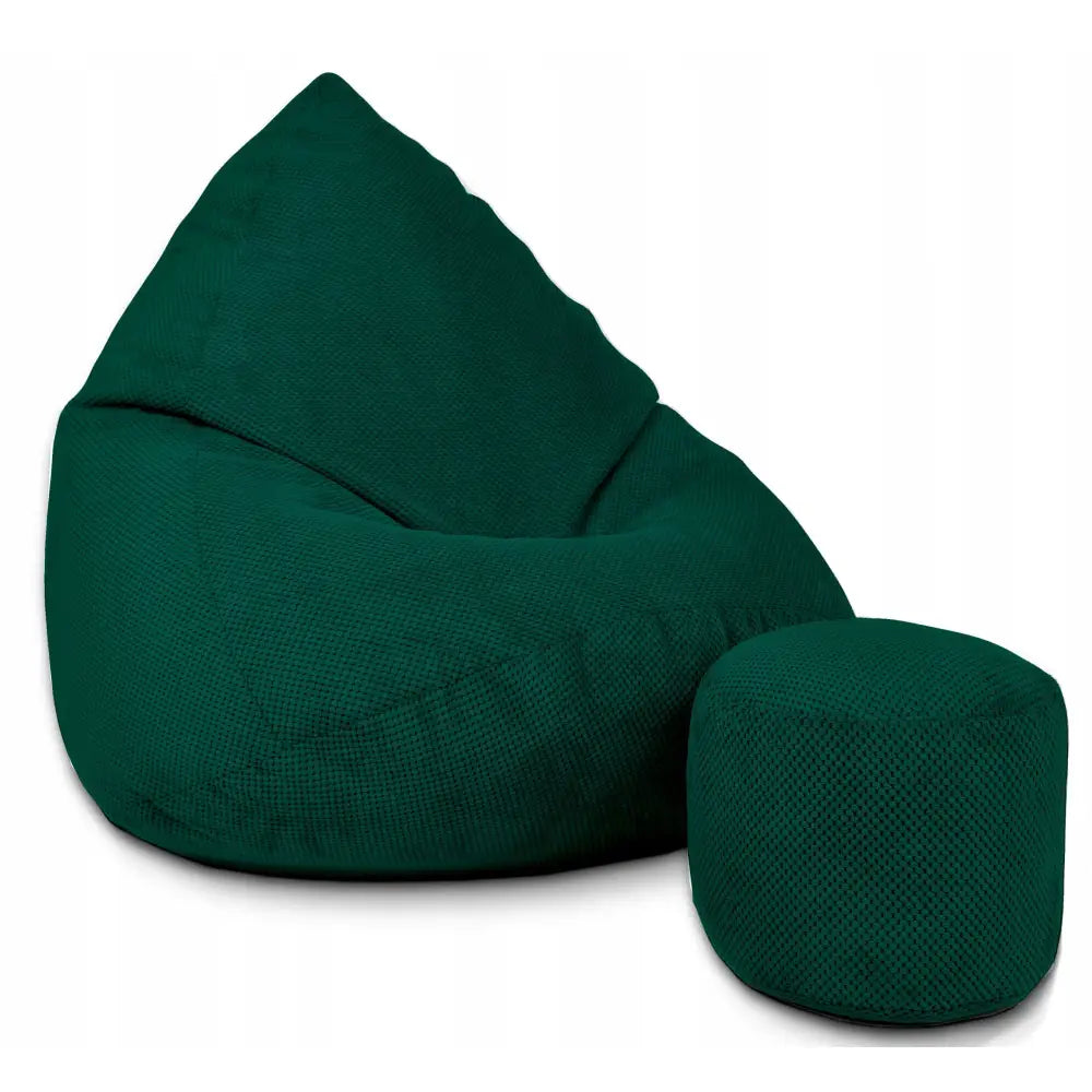 Sakosekk Puff XXXXL og rund puff i mørkegrønt plusjstoff, skrå frontvisning med grov tekstur.
