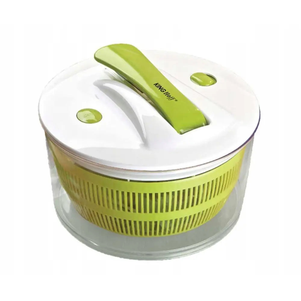 Salatslynge Kinghoff med gjennomsiktig bolle, grønn innsats og hvitt lokk med grønt håndtak sett skrått ovenfra.