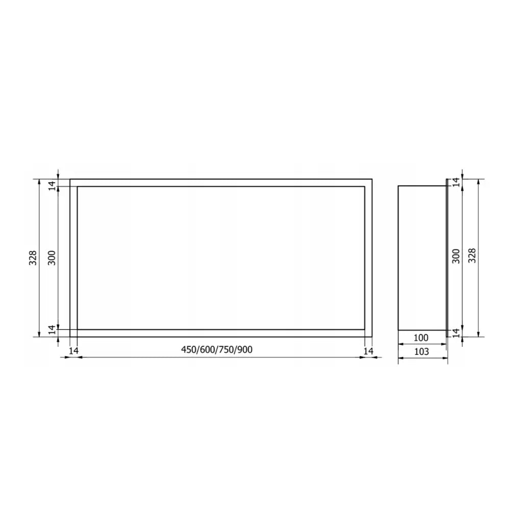 Mexen X-Wall-R nisjehylle svart, teknisk tegning med mål og tykkelse vist forfra og fra siden.
