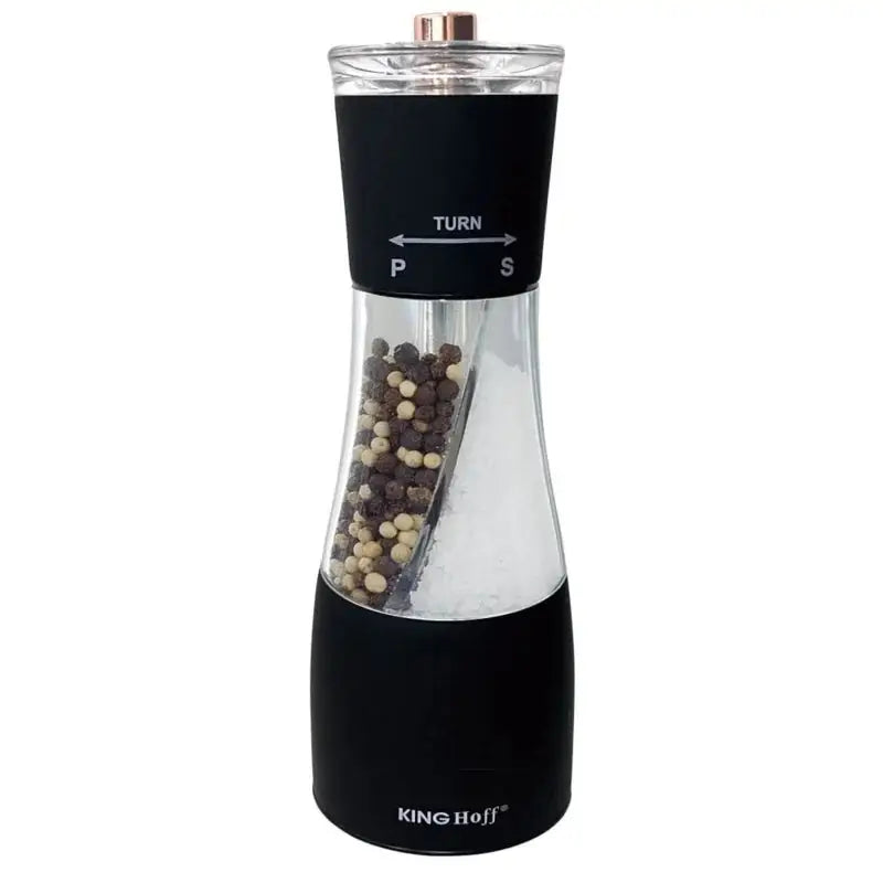 Salt- og pepperkvern 2 i 1 Kinghoff Duet, frontvisning med sort topp, synlige krydder og tydelig innstillingspil.