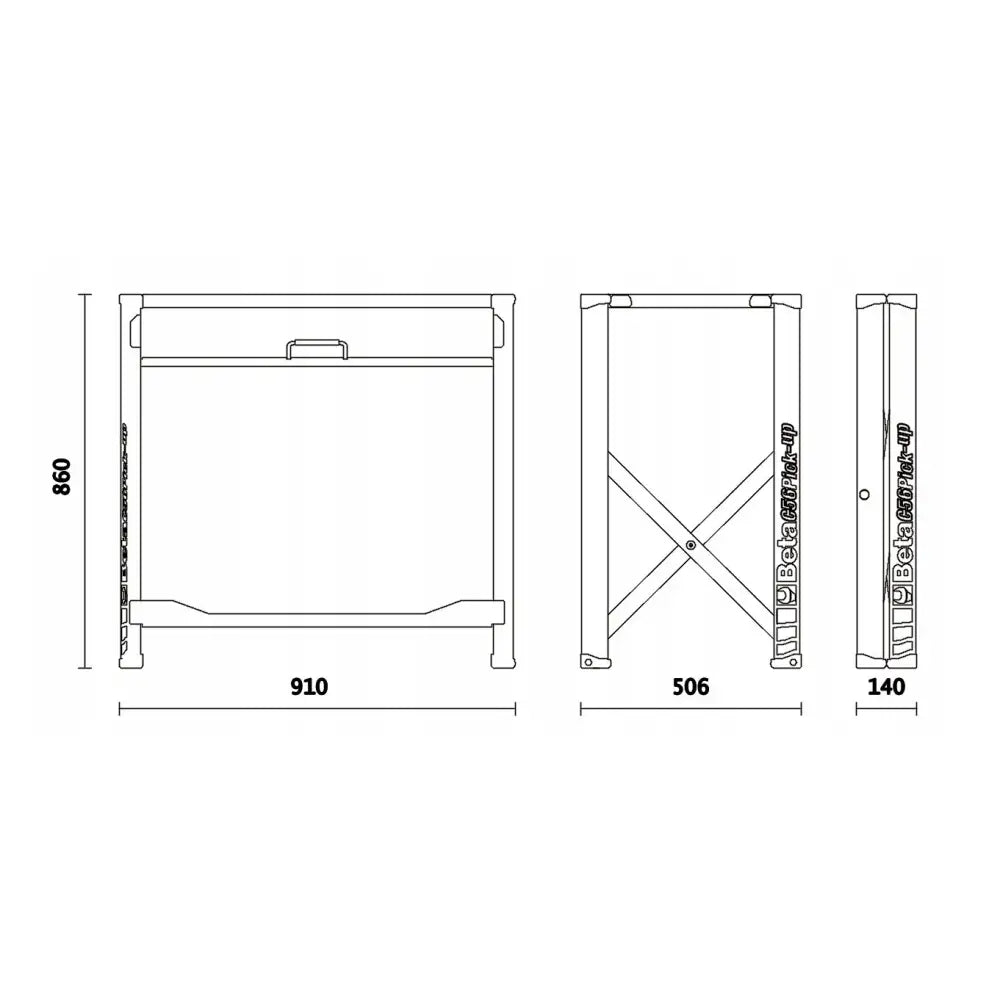 Sammenleggbar arbeidsbord Oransje Beta, teknisk strektegning med mål, håndtak og kryssdetaljer synlige.