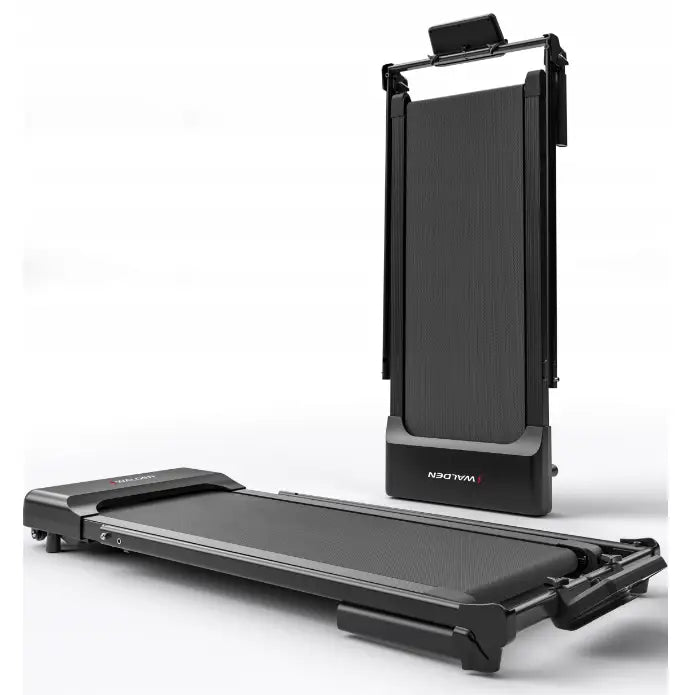 Sammenleggbar tredemølle fra Walden, sidevisning av både foldet og utfoldet modell med moderne skjermfeste.