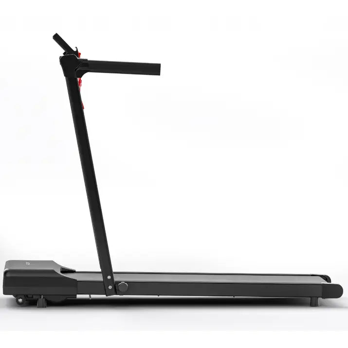 Sammenleggbar tredemølle med slankt, sort design sett fra siden, viser enkel kontrollpanelstang mot hvit bakgrunn.