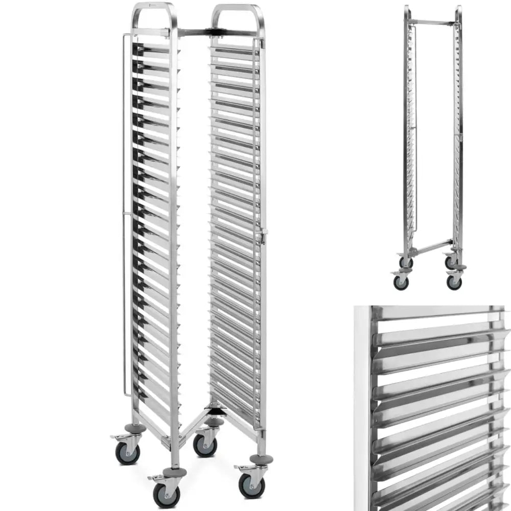 Sammenleggbar gastronomivogn i rustfritt stål, sett fra flere vinkler med store hjul og avrundede håndtak.