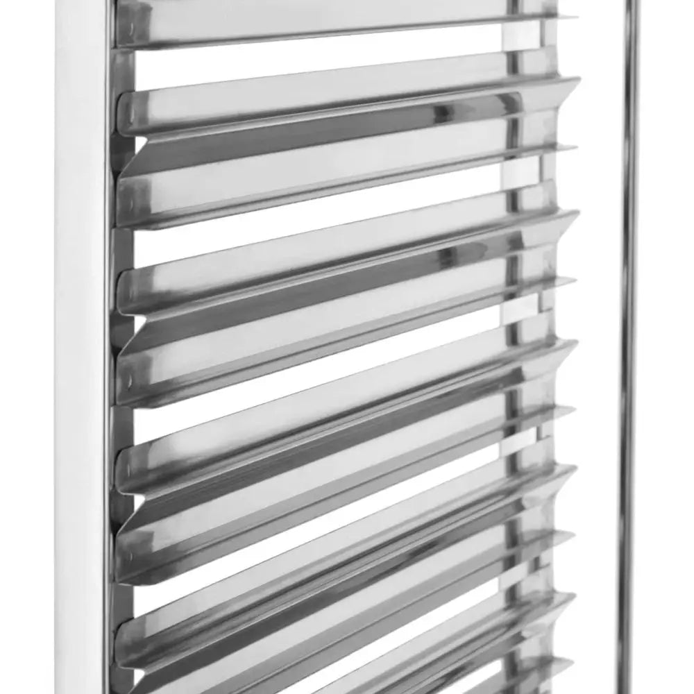 Sammenleggbar gastronomivogn, sidevisning av blankpolerte metallrør med avrundede kanter og glatt finish.