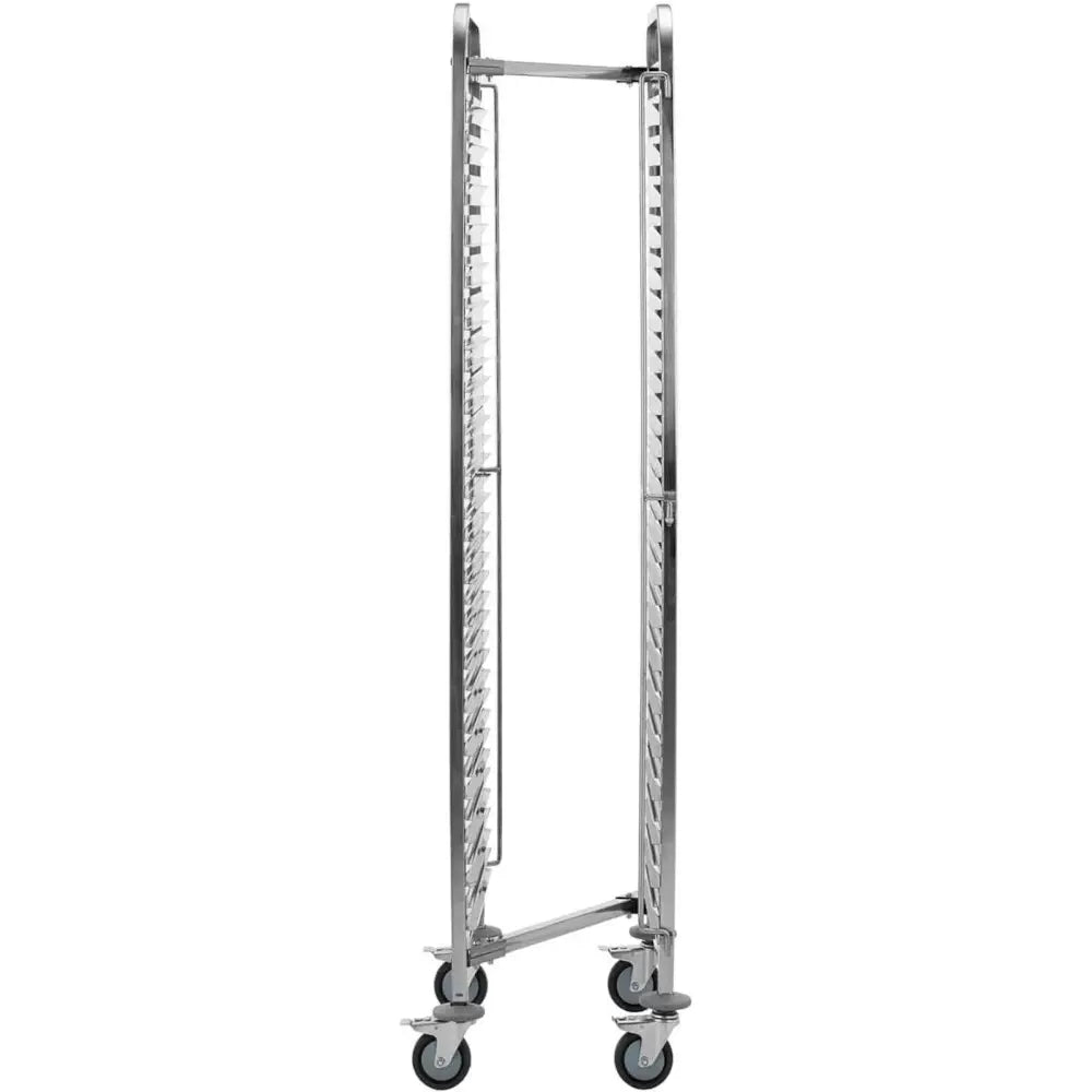 Sammenleggbar gastronomivogn i stål, sidevisning med fire hjul og spor for opptil 20 GN 1/1 brett.