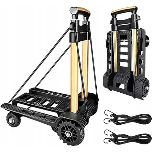 Sammenleggbar håndtralle i svart og gull, vist utfoldet og sammenlagt med store plasthjul og elastiske stropper.