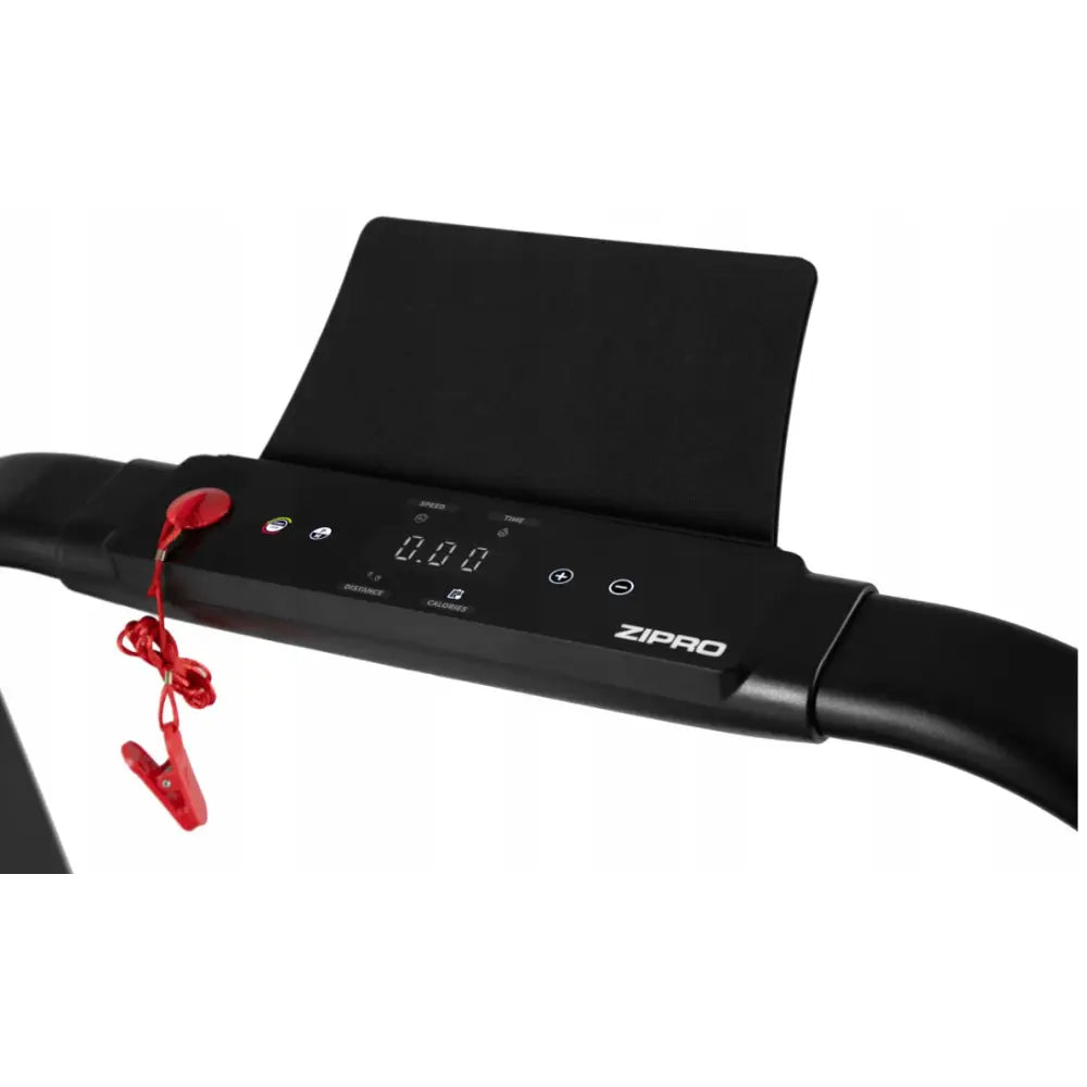 Sammenleggbar tredemølle Zipro Jogger, nærbilde av kontrollpanel med digital skjerm og rød sikkerhetsklips.