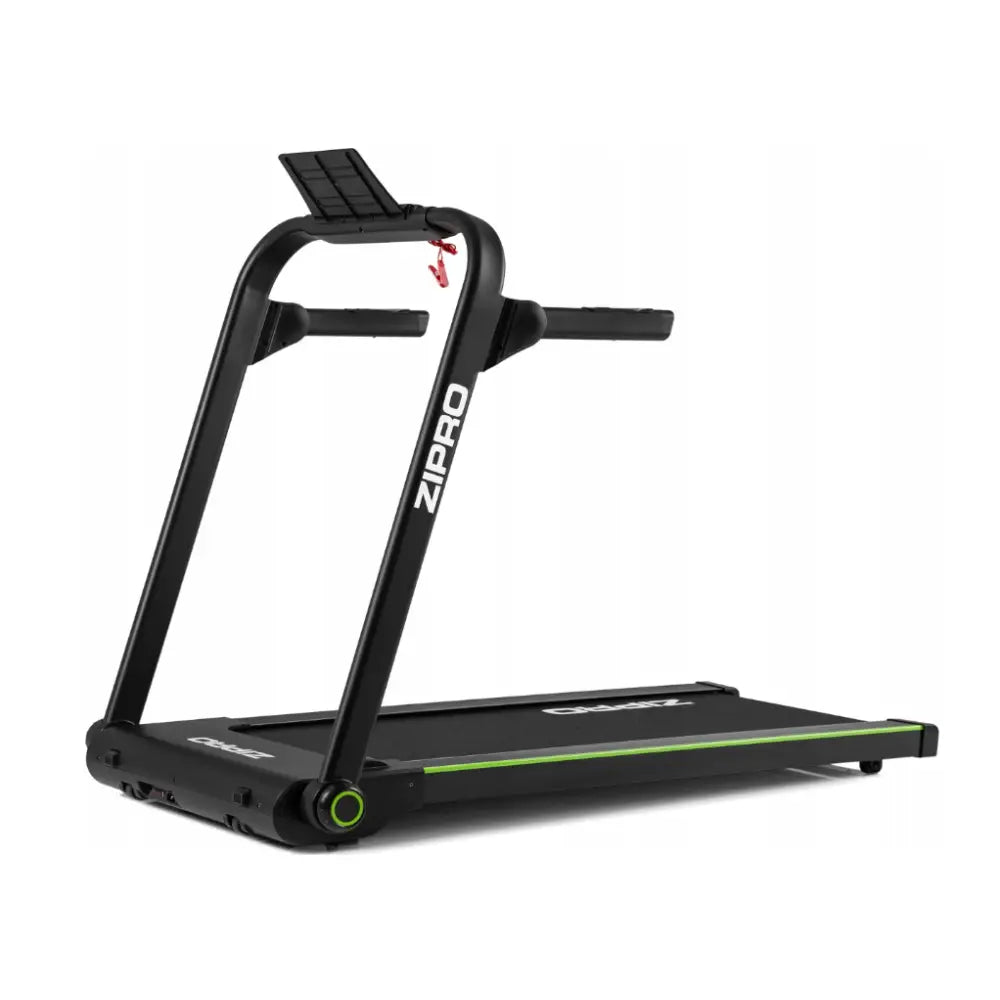 Sammenleggbar tredemølle Zipro Jogger, skrå forfra med grønne detaljer, nettbrettstativ og synlig sikkerhetsnøkkel.