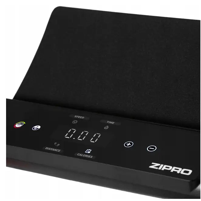 Sammenleggbar Tredemølle Zipro Jogger, nærbilde av svart digitalt kontrollpanel med LED-display og tydelige funksjonsikoner.