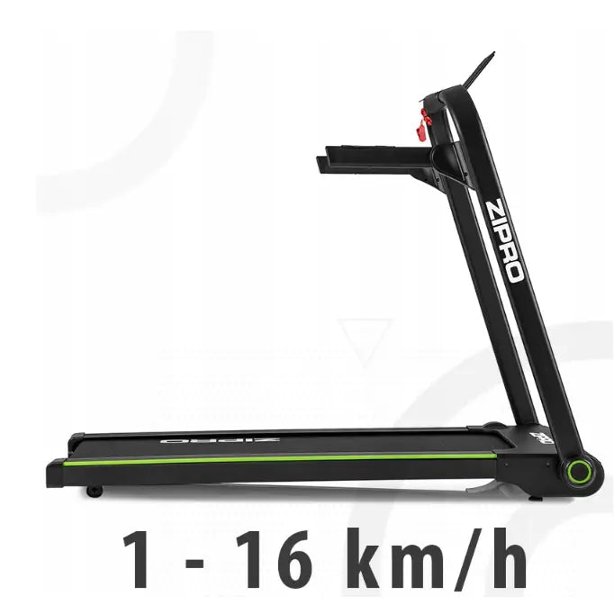 Sammenleggbar tredemølle Zipro Jogger, sidebilde med grønn stripe og synlig ZIPRO-logo på rammen.