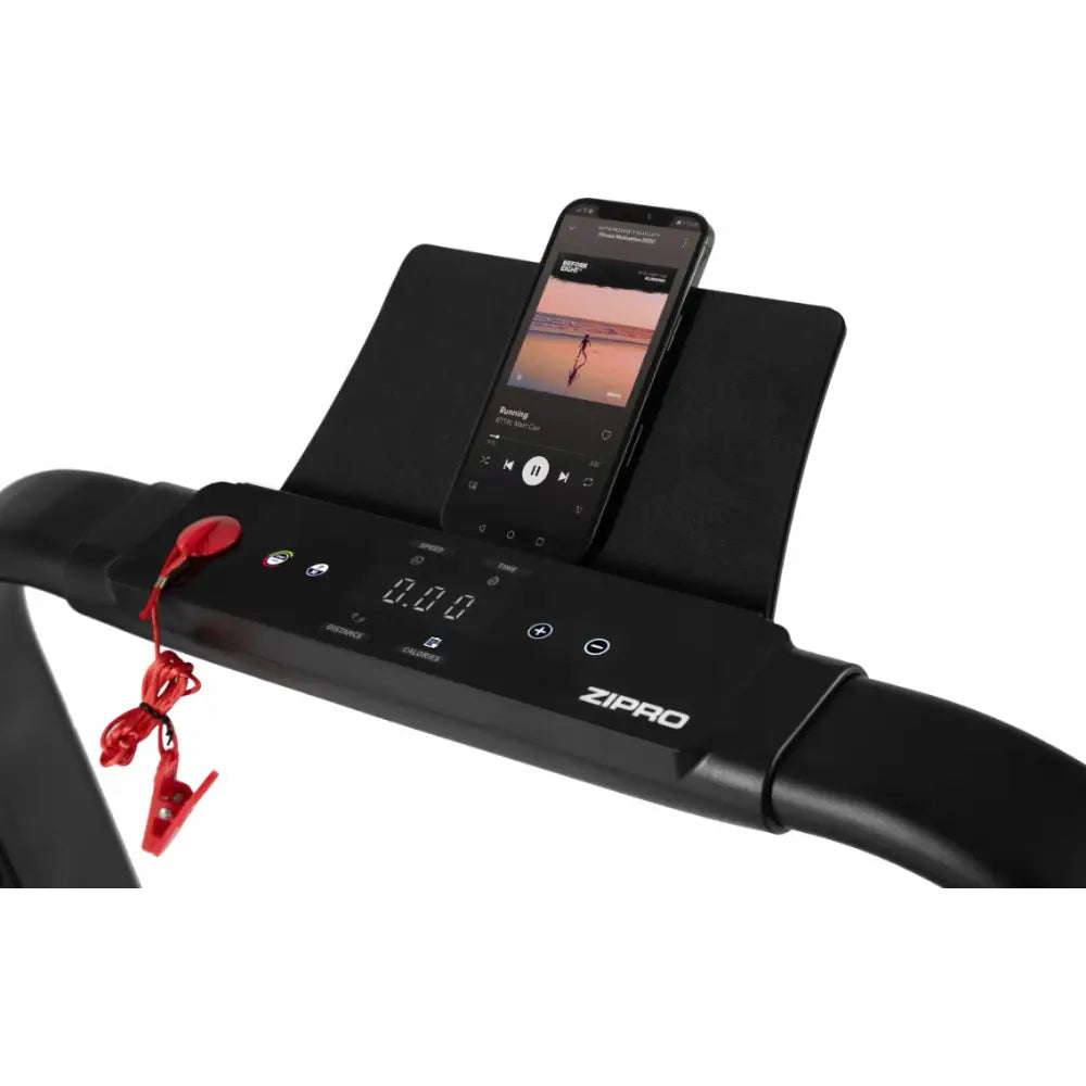 Sammenleggbar Tredemølle Zipro Jogger, nærbilde av sort kontrollpanel med digitalt display og rød sikkerhetsnøkkel.