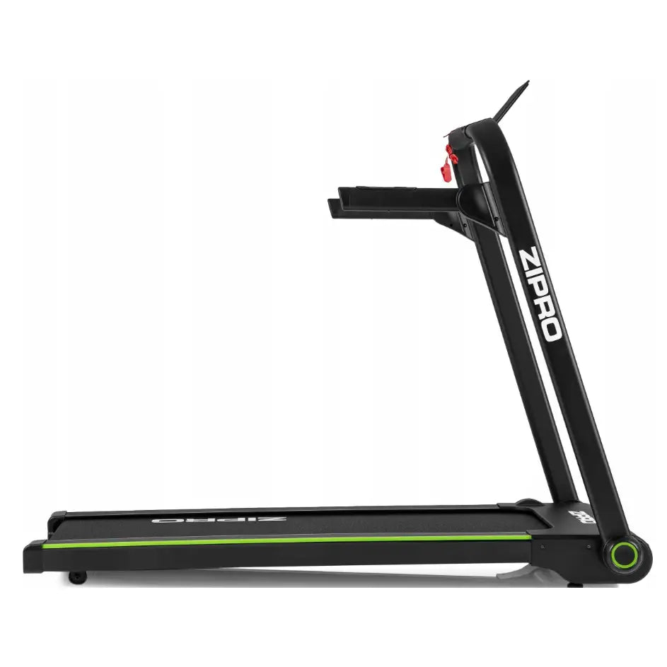 Sammenleggbar Tredemølle Zipro Jogger, sidevisning med grønne detaljer og kontrollpanel på håndtaket.