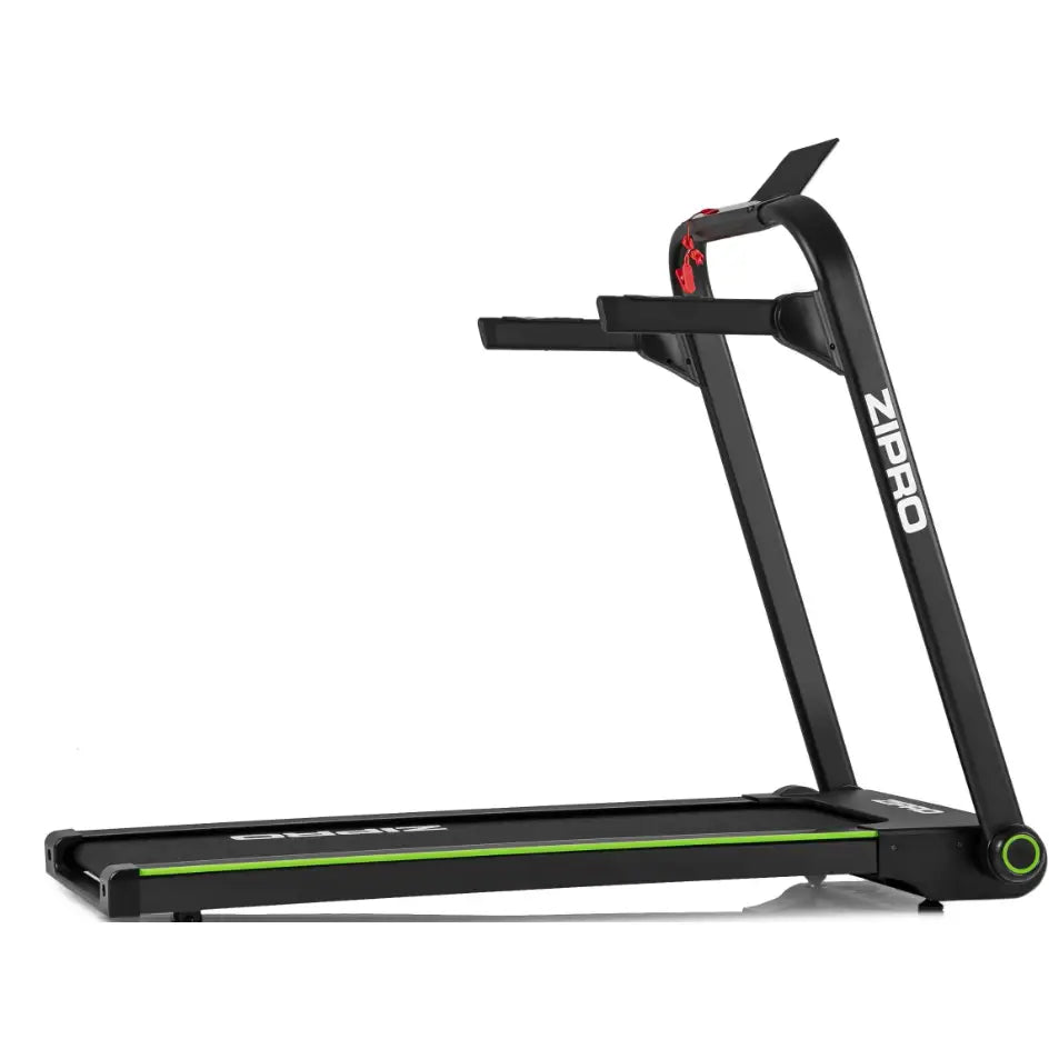 Sammenleggbar Tredemølle Zipro Jogger, sideprofil med grønn stripe, hvit logo og kompakt skjerm.