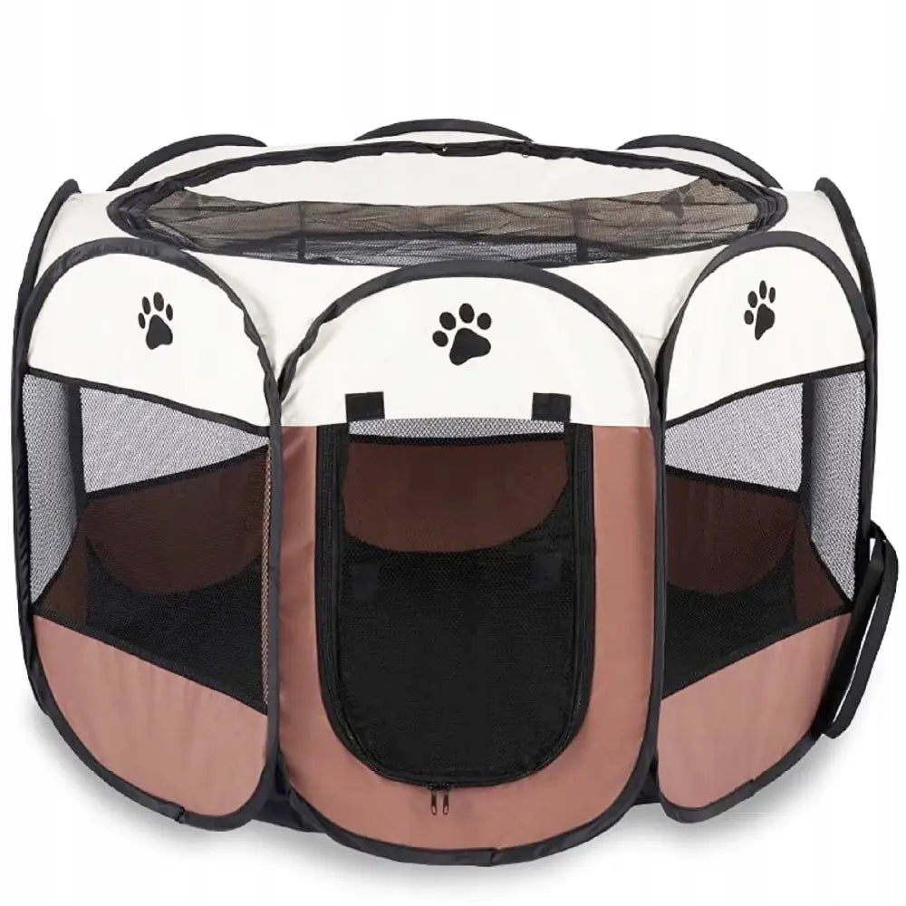 Sammenleggbar hundegård XL i beige og brunt med nettingvinduer, glidelåsdør og sorte poteavtrykk, frontvisning.