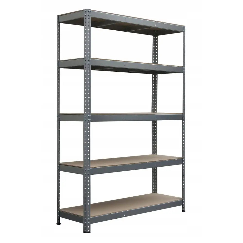 Sammenleggbar lagerhylle i grått metall med fem trehyller, skrå frontvisning viser perforerte stendere.
