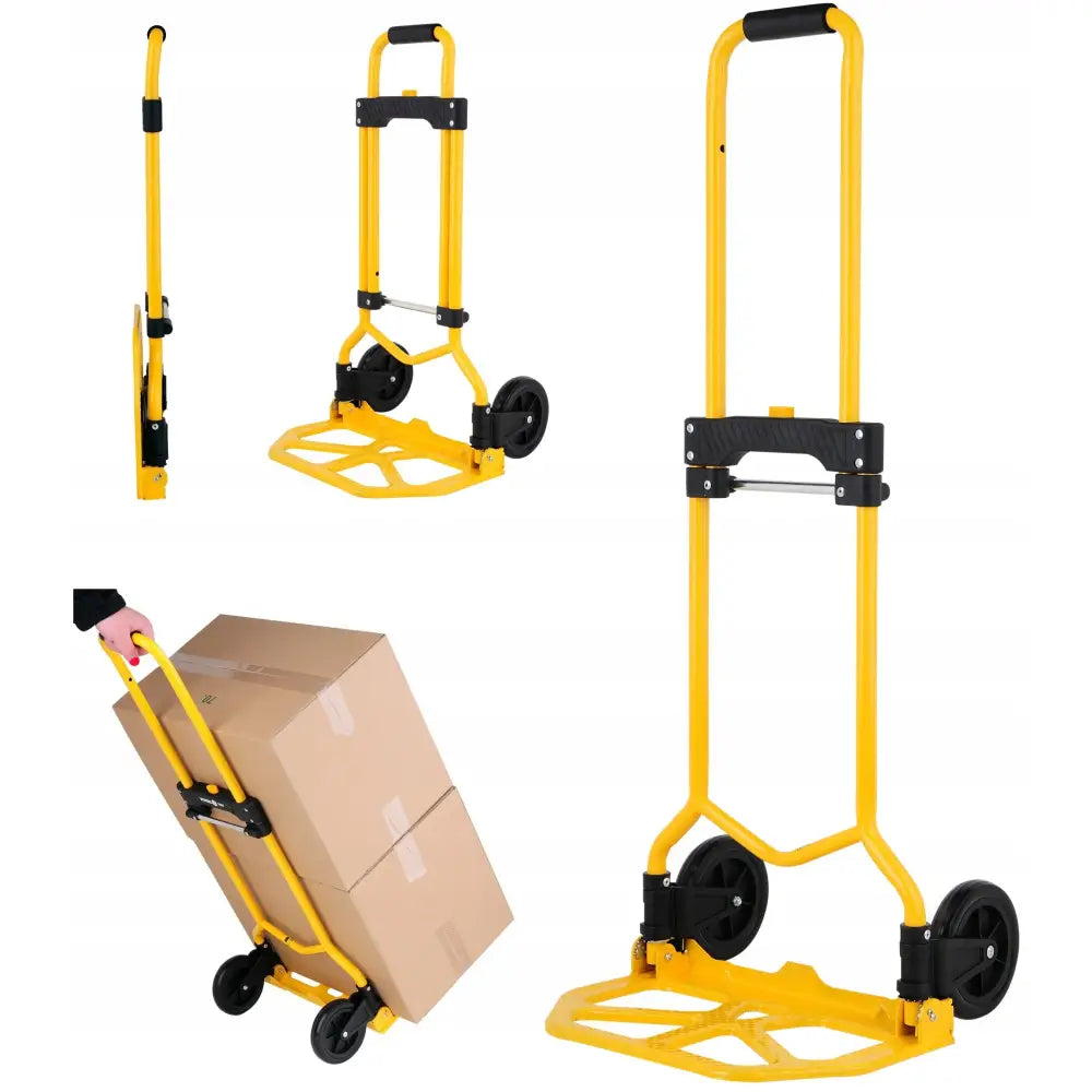 Sammenleggbar lagervogn i gult metall med svarte håndtak og hjul, vist både sammenlagt og i bruk med esker.