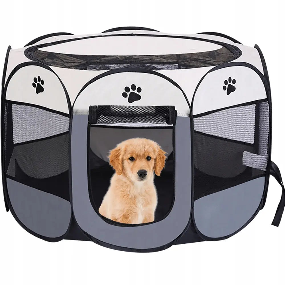Sammenleggbar lett hundegård XL i hvitt og grått stoff med netting, sett forfra med valp i åpningen og pote-motiver synlig.