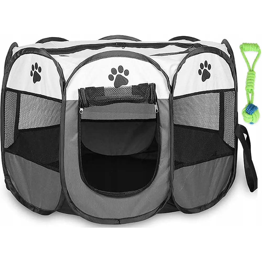 Sammenleggbar luftegård seng bur 90x90x60 for hund eller katt, frontvisning med nettingpaneler og grønt leketøy ved siden av.