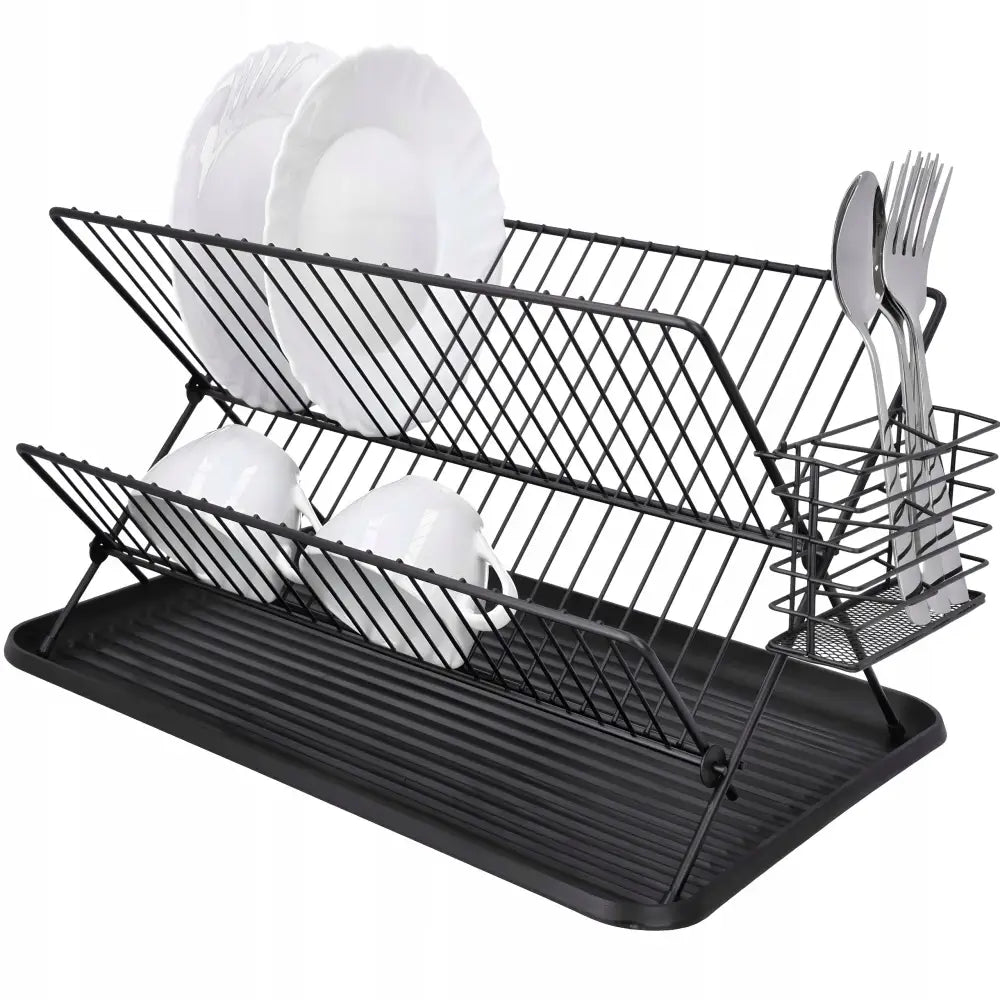 Sammenleggbar oppvasktørker i sort metall, med bestikkholder og dreneringsbrett, sett fra skrå vinkel.