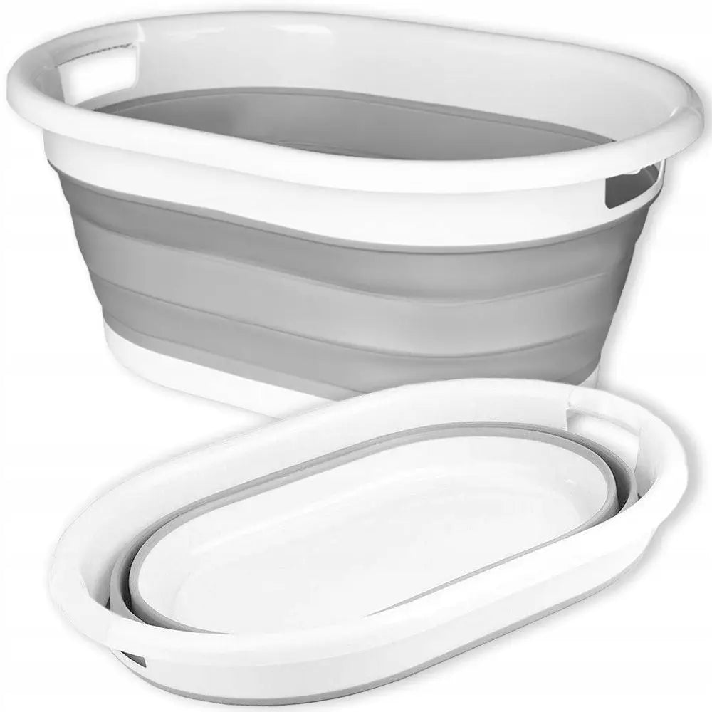 Sammenleggbar oval skål i hvit og grå plast, vist både oppslått og sammenlagt med bærehåndtak.
