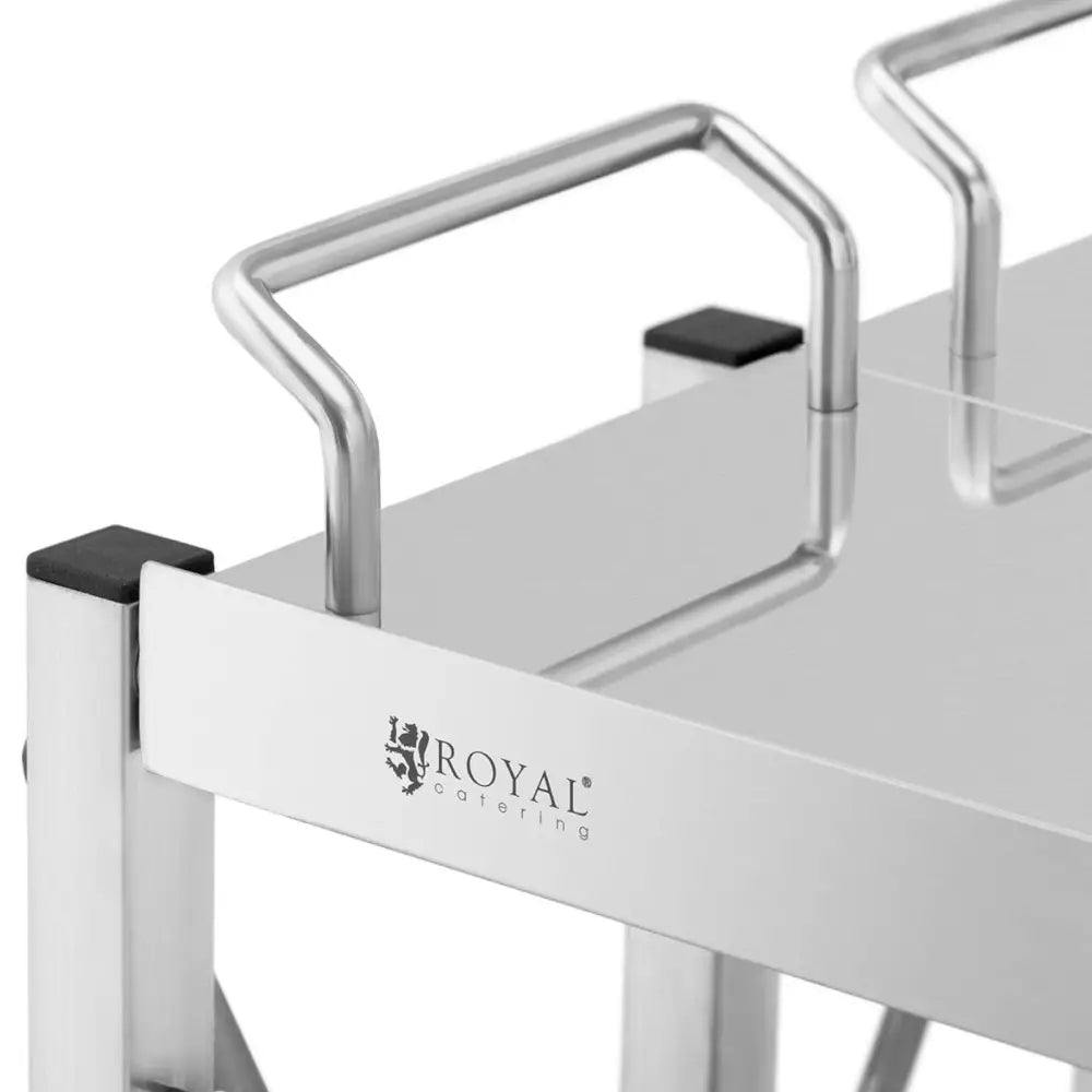 Sammenleggbar kelnertralle, fokus på blankt firkantet stålhåndtak og Royal Catering-logo på siden.