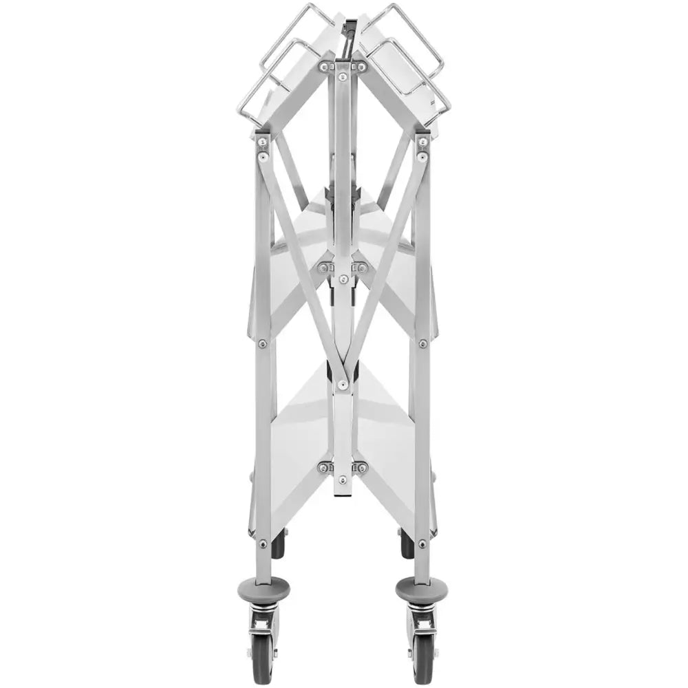 Sammenleggbar kelnertralle i rustfritt stål, tre hyller, sett forfra sammenfoldet med fire hjul synlige.