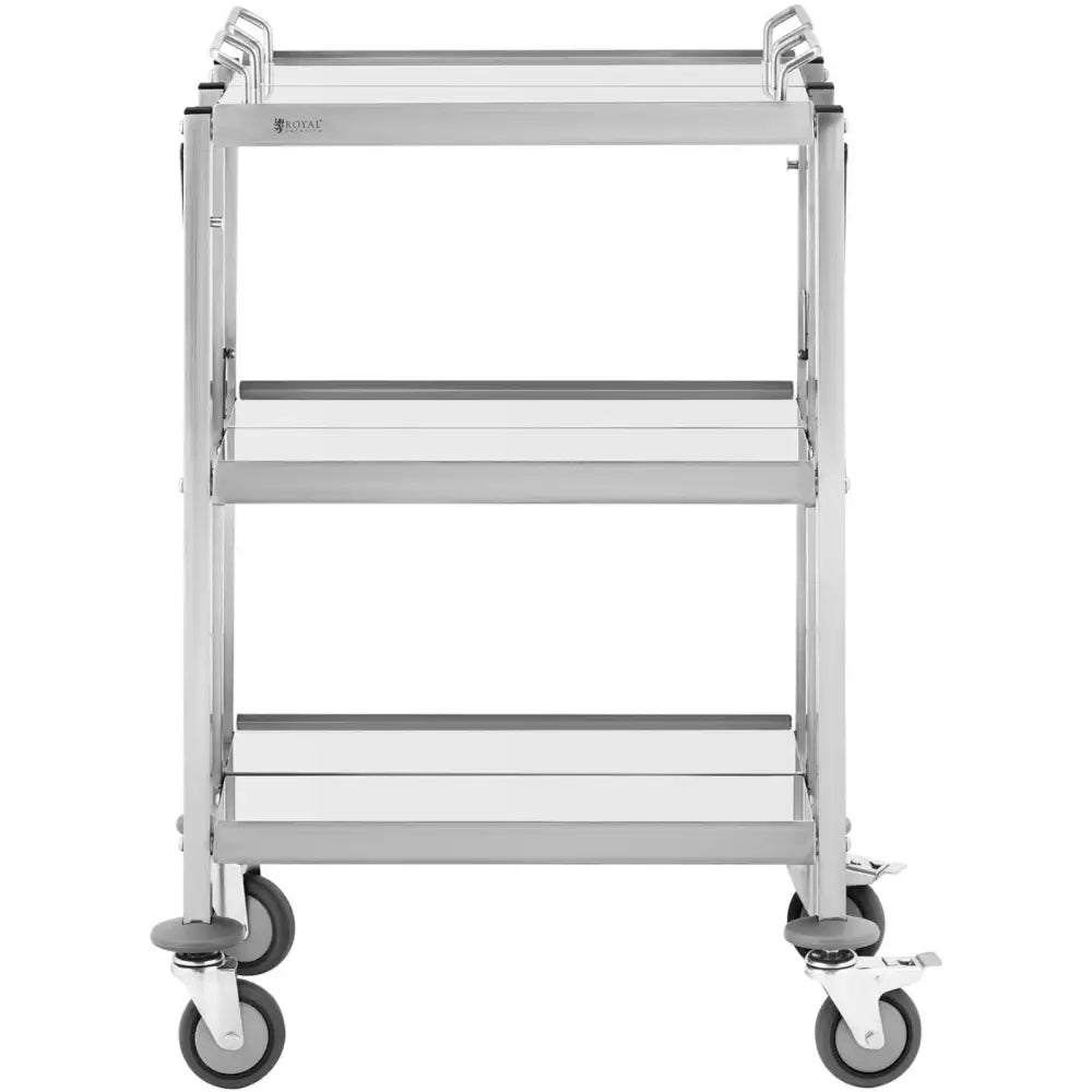 Sammenleggbar kelnertralle i rustfritt stål, sidevisning med tre hyller og store hjul med bremser.