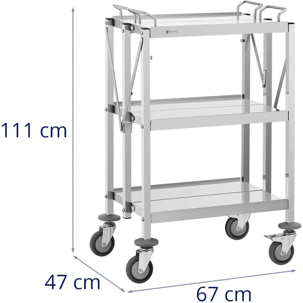 Sammenleggbar kelnertralle i rustfritt stål med tre hyller, håndtak og hjul, målt til 111x67x47 cm.